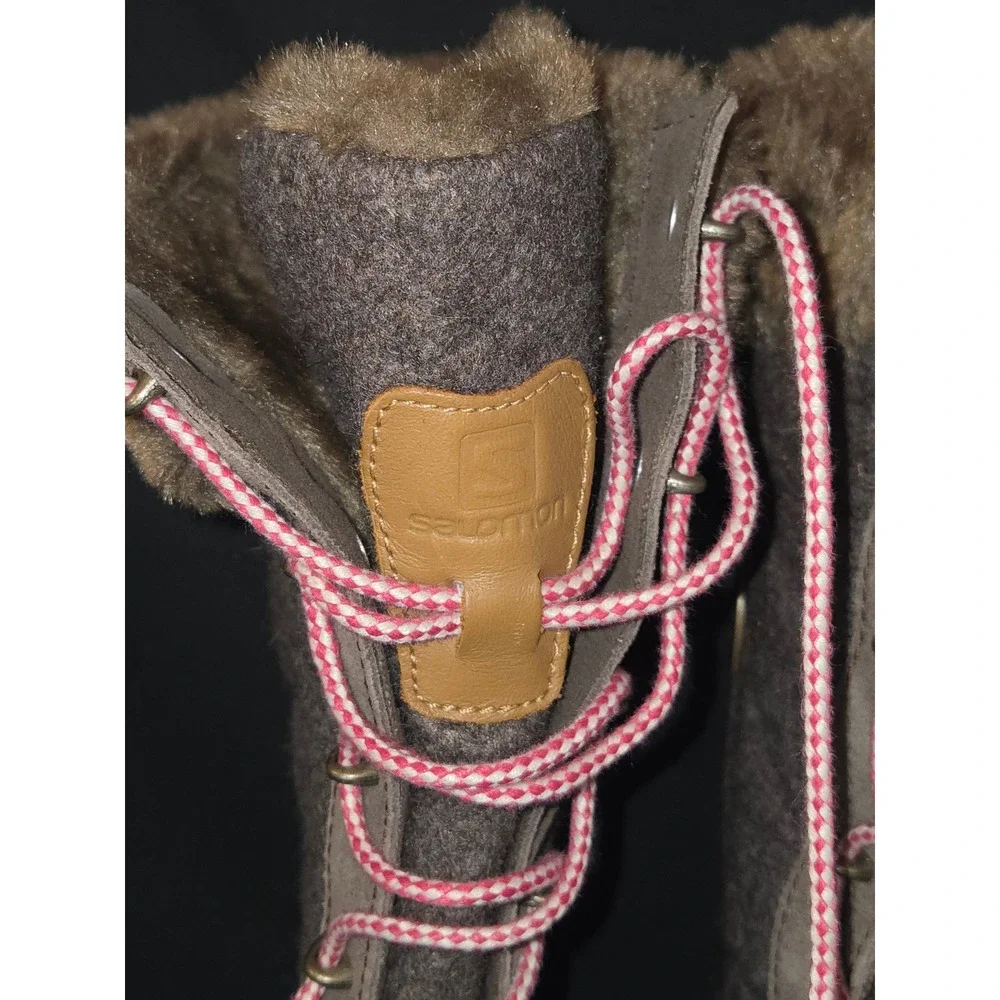 Salomon Women's Brown Quilted Wool Winter Snow Boots Fur Trim Lace Up Zip Size 8
